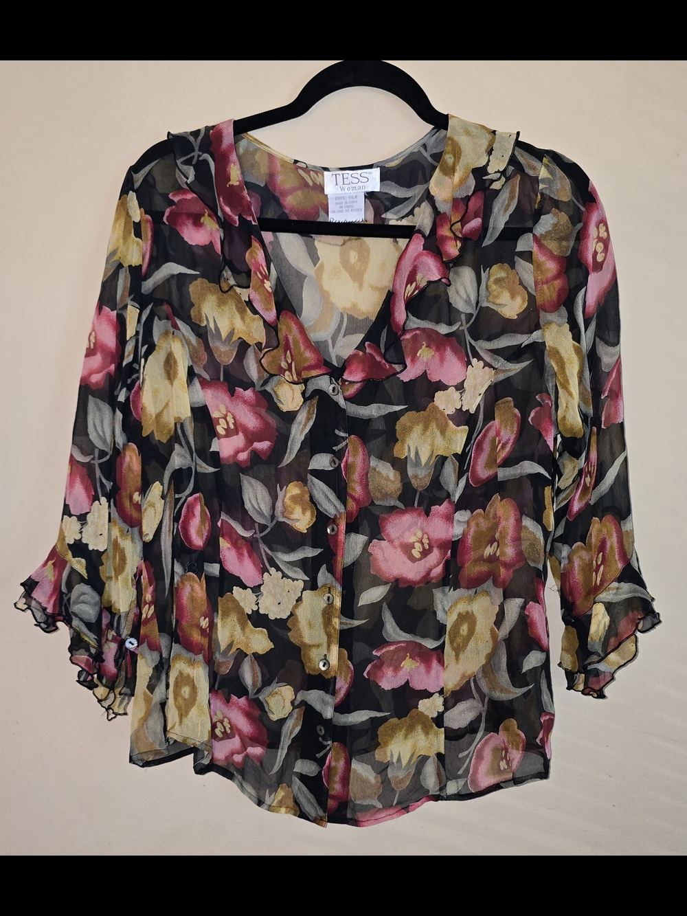 Tess Vtg Sheer Floral Button-Front Blouse in Black with Pink & Gold Flowers